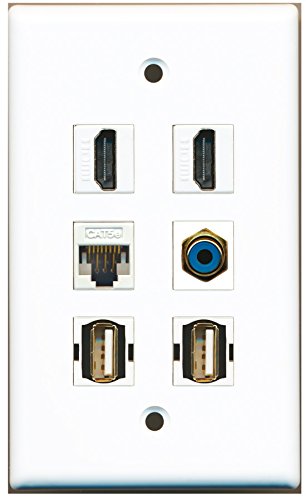 RiteAV - 2 HDMI 1 Port RCA Blue 2 Port USB A-A 1 Port Cat5e Ethernet White Wall Plate