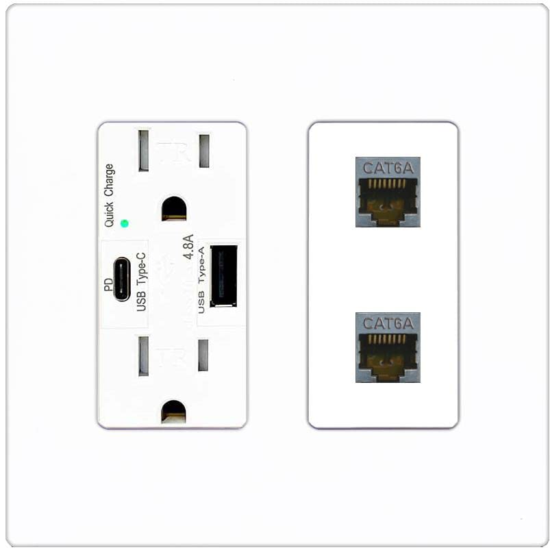 RiteAV 2 Port Cat6A Wall Plate - USB A+C Charger [Screwless White]
