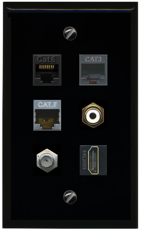 RiteAV CAT6 CAT7 COAX HDMI PHONE RCA WHITE Flat/Solid Wall Plate [Black]
