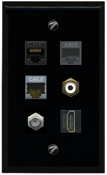 RiteAV CAT6 CAT7 COAX HDMI PHONE RCA WHITE Flat/Solid Wall Plate [Black]