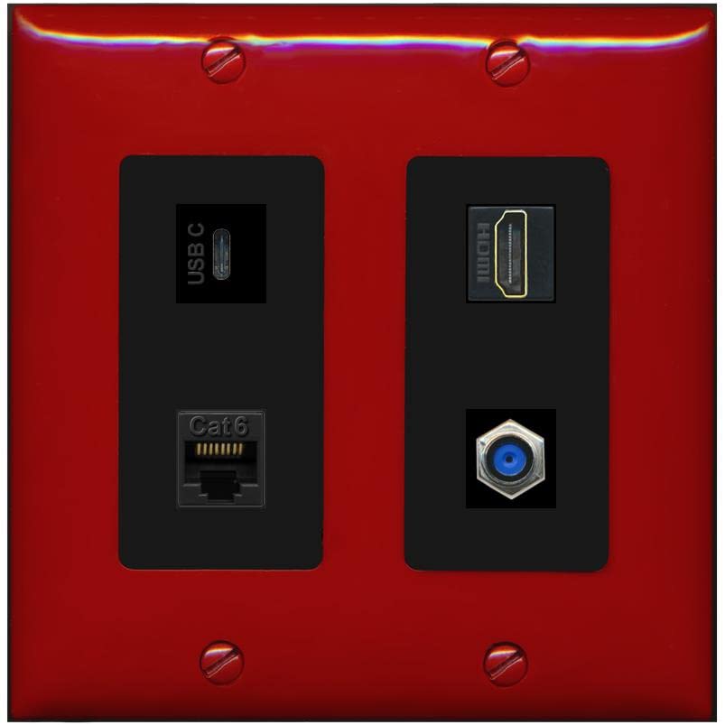 RiteAV USBC HDMI Cat6 Coax F81 Wall Plate - 2 Gang [Red/Black]