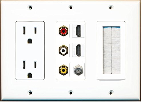 RiteAV - (3 Gang 15A Power Outlet Mesh-Brush 2 HDMI Coax Composite Video Wall Plate