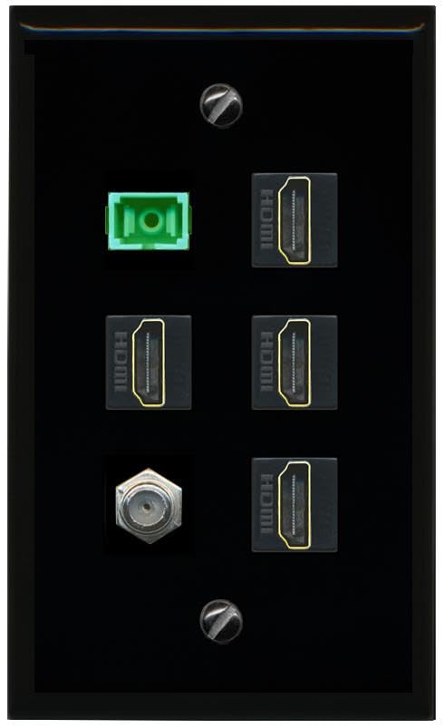RiteAV COAX 4 HDMI SC APC Simplex Fiber Flat/Solid Wall Plate [Black]