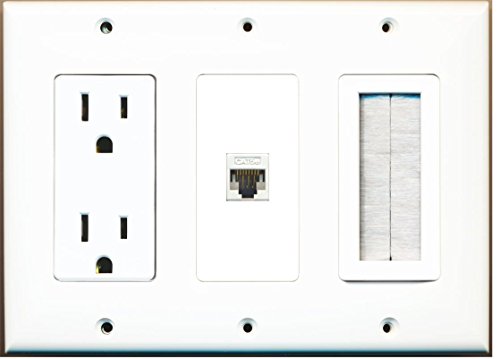 RiteAV - (3 Gang 15A Power Outlet Mesh-Brush Cat5e White Wall Plate White