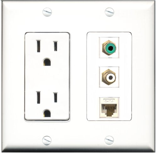 RiteAV - 15 Amp Power Outlet 1 Port RCA White 1 Port RCA Green 1 Port Cat6 Ethernet Ethernet White Decorative Wall Plate