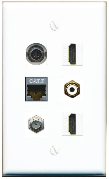 RiteAV 3.5mm CAT7 Coax 2 HDMI RCA-White Flat/Solid Wall Plate [White]