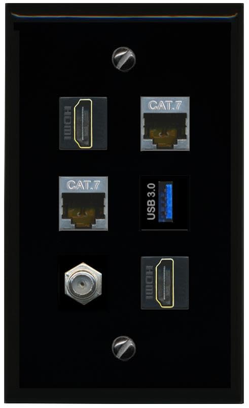 RiteAV 2 CAT7 Coax 2 HDMI USB 3 Flat/Solid Wall Plate [Black]