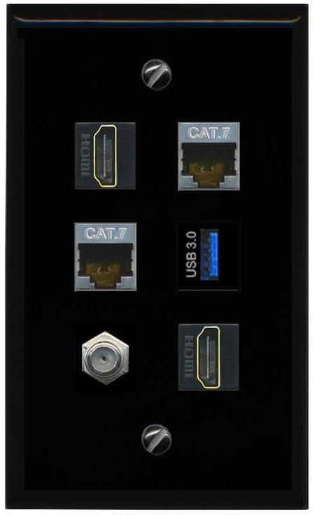 RiteAV 2 CAT7 Coax 2 HDMI USB 3 Flat/Solid Wall Plate [Black]