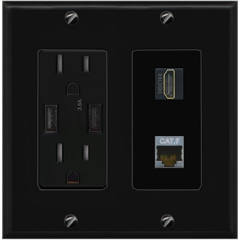 RiteAV HDMI and Cat7 Wall Plate - USB Charger [Black/Black]