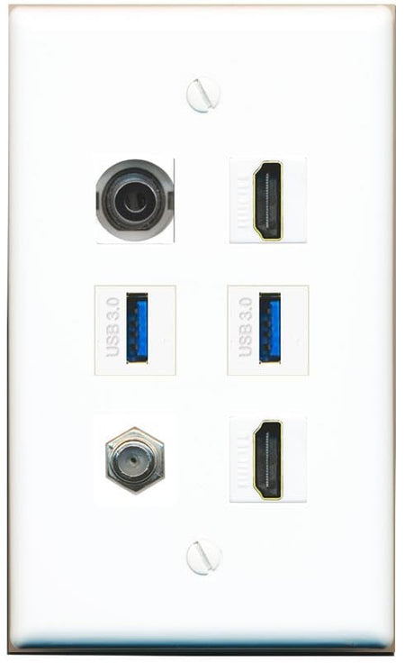 RiteAV 3.5mm Coax 2 HDMI 2 USB-3 Flat/Solid Wall Plate [White]