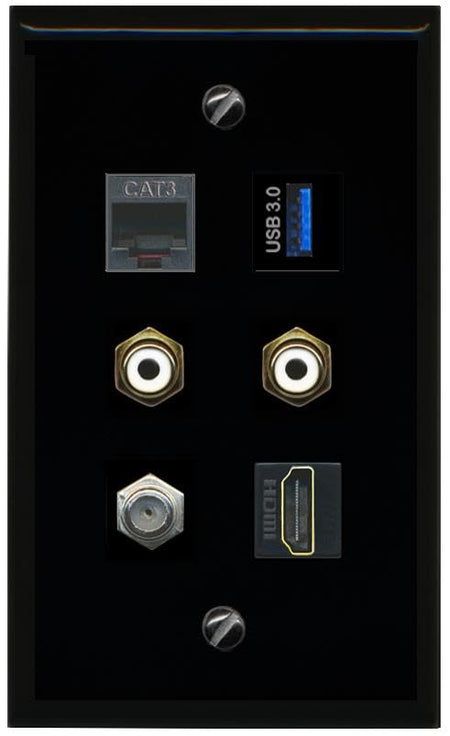 RiteAV Coax HDMI Phone 2 RCA White USB 3 Flat/Solid Wall Plate [Black]