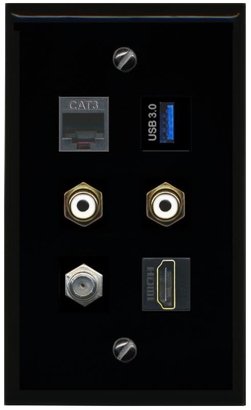 RiteAV Coax HDMI Phone 2 RCA White USB 3 Flat/Solid Wall Plate [Black]