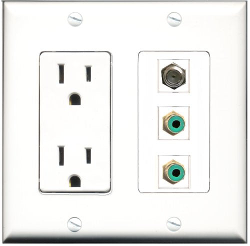 RiteAV - 15 Amp Power Outlet 2 Port RCA Green 1 Port Coax Decorative Wall Plate