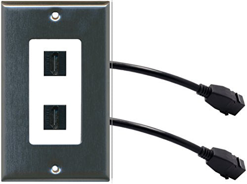 RiteAV (1 Gang Decorative 2 HDMI Black Wall Plate w/Pigtail Extension Cable Stainless Steel on White
