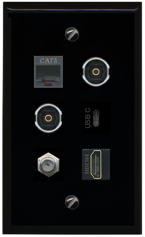 RiteAV Coax HDMI Phone 2 TOSLINK USBC Flat/Solid Wall Plate [Black]