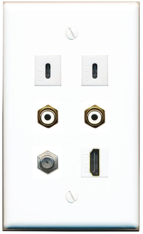 RiteAV Coax HDMI 2 RCA-White 2 USBC Flat/Solid Wall Plate [White]