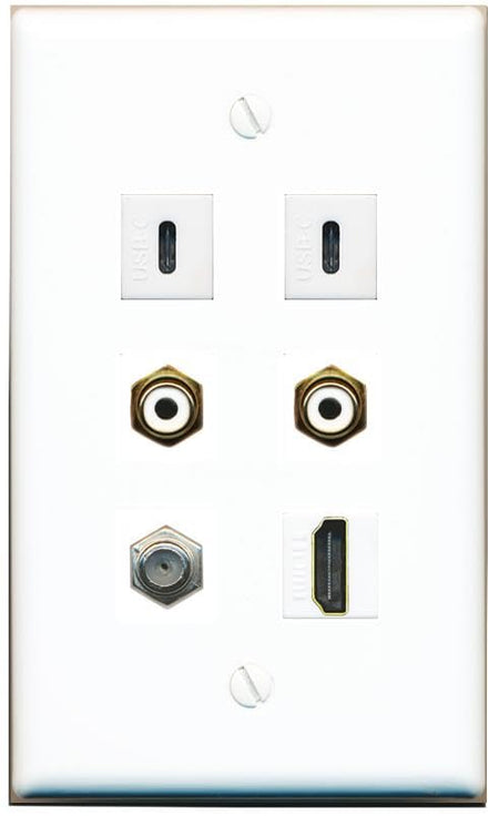 RiteAV Coax HDMI 2 RCA-White 2 USBC Flat/Solid Wall Plate [White]