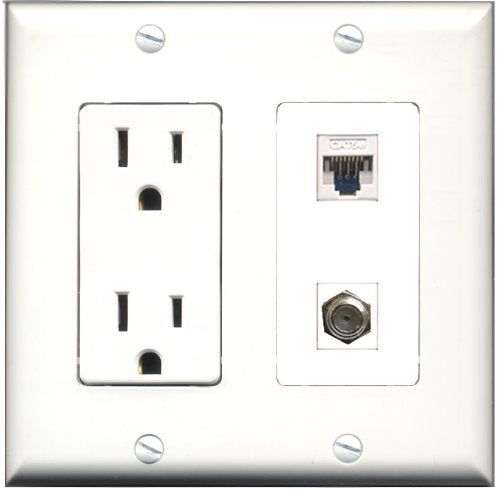 RiteAV - 2 x 15 Amp 125V Power GFCI Outlet 1 x Cat5e Ethernet and 1 x Coax Cable TV Port Custom Wall Plate White