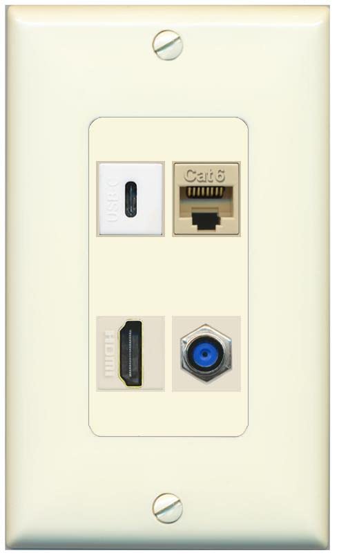 RiteAV USBC HDMI Cat6 Coax F81 Wall Plate - 1 Gang [Light-Almond]