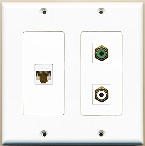 RiteAV - 1 Port RCA White 1 Port RCA Green 1 Port Cat6 Ethernet White - 2 Gang Wall Plate