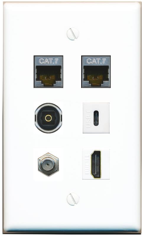 RiteAV 2 CAT7 Coax HDMI TOSLINK USBC Flat/Solid Wall Plate [White]