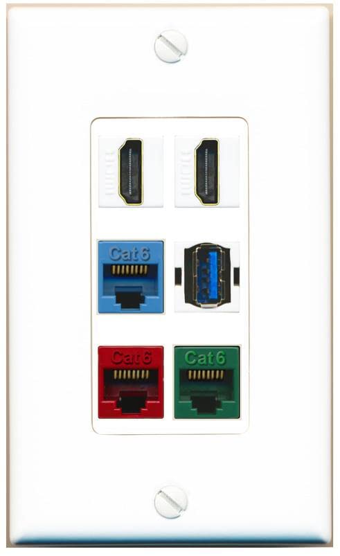 RiteAV 2 HDMI 3 Cat6 Ethernet USB3 Mixed Color Wall Plate - 1 Gang [White/White]