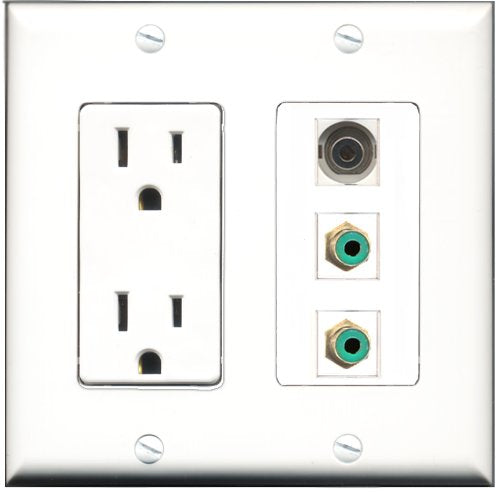 RiteAV - 15 Amp Power Outlet 2 Port RCA Green 1 Port 3.5mm Decorative Wall Plate