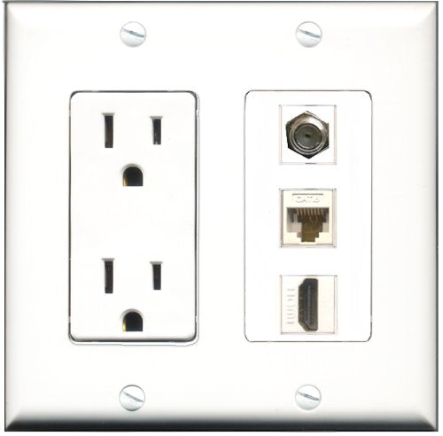 RiteAV - 15 Amp Power Outlet 1 Port HDMI 1 Port Coax 1 Port Cat6 Ethernet Ethernet White Decorative Wall Plate