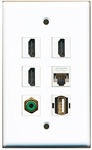 RiteAV - 3 HDMI 1 Port RCA Green 1 Port USB A-A 1 Port Cat5e Ethernet White Wall Plate