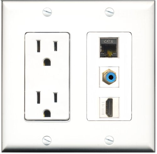 RiteAV - 15 Amp Power Outlet 1 Port HDMI 1 Port RCA Blue 1 Port Shielded Cat6 Ethernet Ethernet Decorative Wall Plate