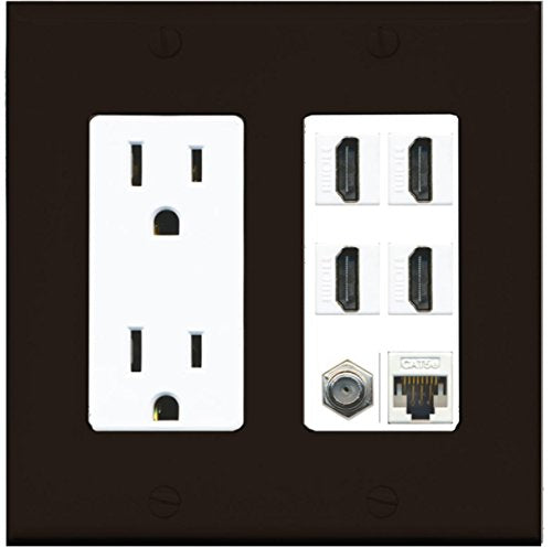 RiteAV 4 Port HDMI 1 Coax Cable TV- F-Type 1 Cat5E Ethernet Wall Plate - Outlet [Brown/White]