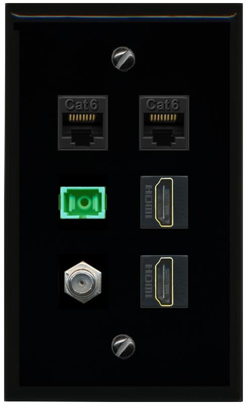 RiteAV 2 CAT6 COAX 2 HDMI SC APC Simplex Fiber Flat/Solid Wall Plate [Black]