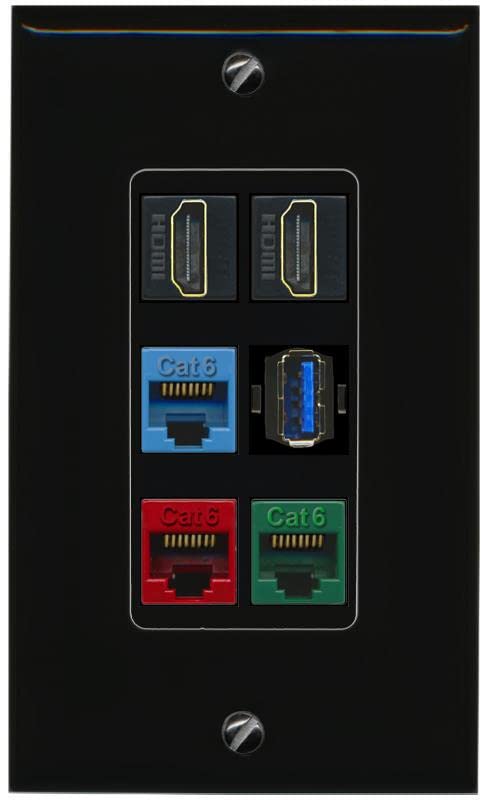 RiteAV 2 HDMI 3 Cat6 Ethernet USB3 Mixed Color Wall Plate - 1 Gang [Black/Black]