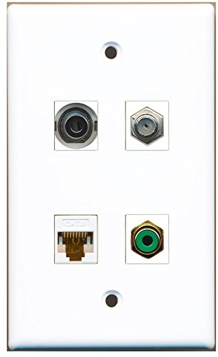 RiteAV - 1 Port RCA Green 1 Port Coax Cable TV- F-Type 1 Port 3.5mm 1 Port Cat6 Ethernet White Wall Plate