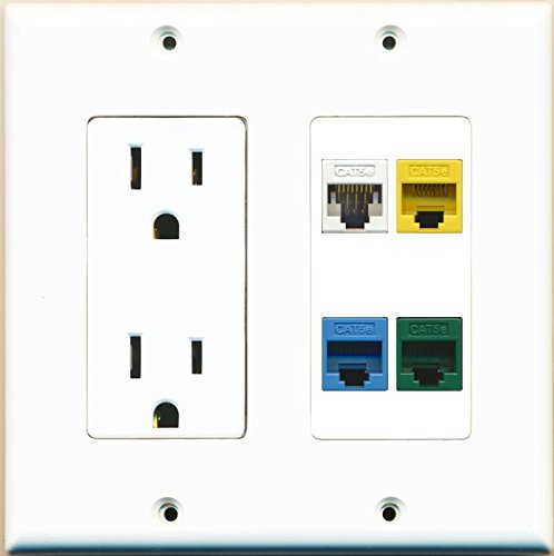 RiteAV Power Outlet Cat5E White Blue Green Yellow Mixed Colors Wall Plate