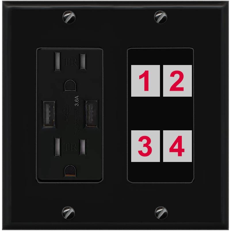 RiteAV Custom 4 Port Custom Wall Plate - USB Charger [Black/Black]