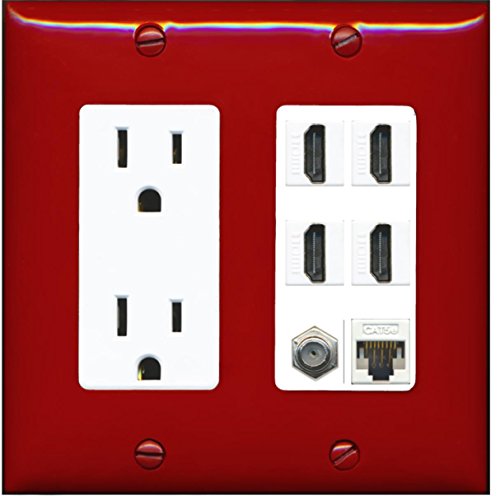 RiteAV 4 Port HDMI 1 Coax Cable TV- F-Type 1 Cat5E Ethernet Wall Plate - Outlet [Red/White]