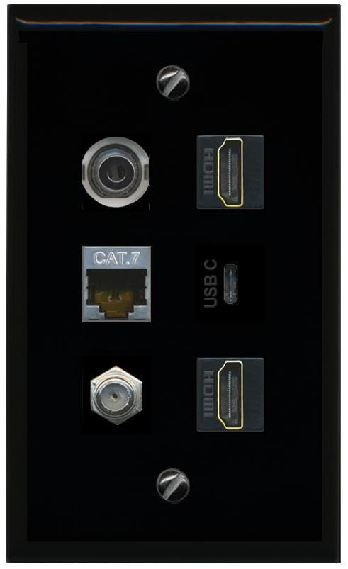 RiteAV 3.5mm CAT7 Coax 2 HDMI USBC Flat/Solid Wall Plate [Black]