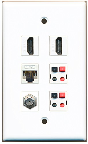 RiteAV - 2 HDMI 1 Port Coax Cable TV- F-Type 1 Port Cat5e Ethernet White 2 Port Speaker Wall Plate