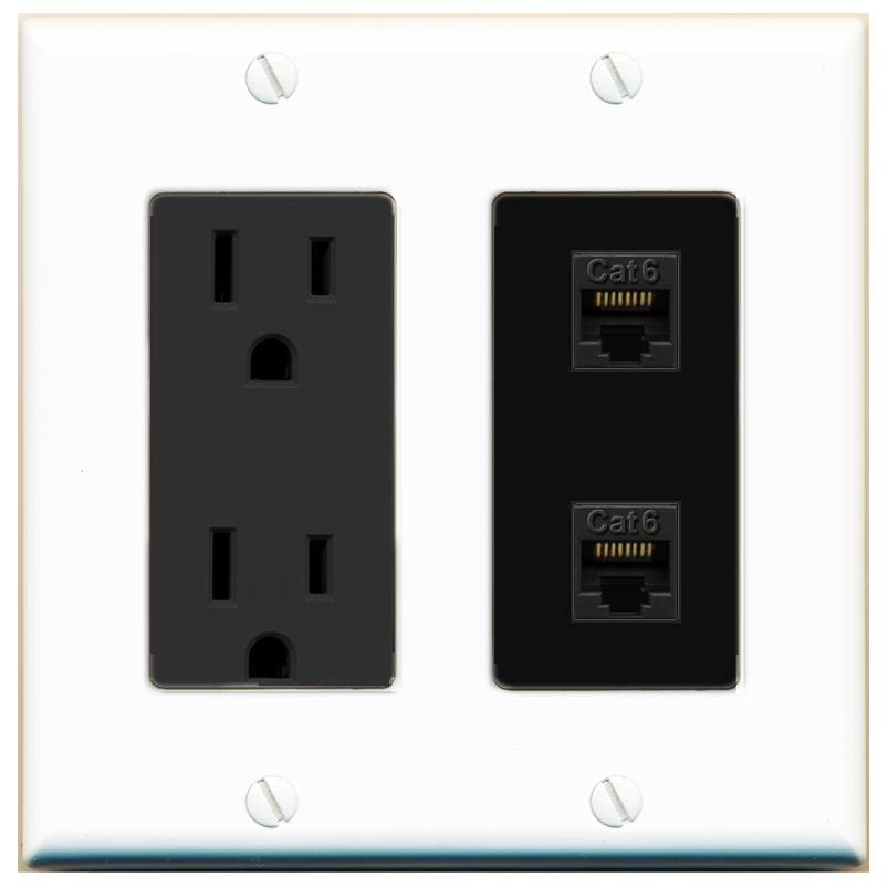 RiteAV 2 Port Cat6 Ethernet Wall Plate - Outlet [White/Black]
