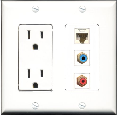 RiteAV - 15 Amp Power Outlet 1 Port RCA Red 1 Port RCA Blue 1 Port Shielded Cat6 Ethernet Ethernet Decorative Wall Plate