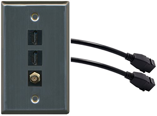RiteAV (1 Gang Flat) 2 HDMI Black Coax Wall Plate w/Pigtail Extension Cable Stainless Steel