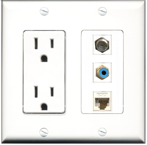 RiteAV - 15 Amp Power Outlet 1 Port RCA Blue 1 Port Coax 1 Port Cat6 Ethernet Ethernet White Decorative Wall Plate