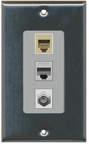 RiteAV - 1 Port Coax Cable TV- F-Type Phone RJ11 RJ12 Beige and Cat6 Ethernet Decorative Wall Plate - Stainless Steel/Gray
