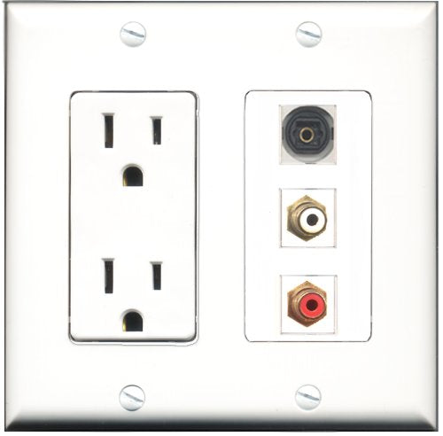 RiteAV - 15 Amp Power Outlet 1 Port RCA Red 1 Port RCA White 1 Port Toslink Decorative Wall Plate