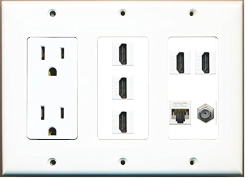 RiteAV - (3 Gang 15A Power Outlet 5 HDMI Coax Cat5e Wall Plate White