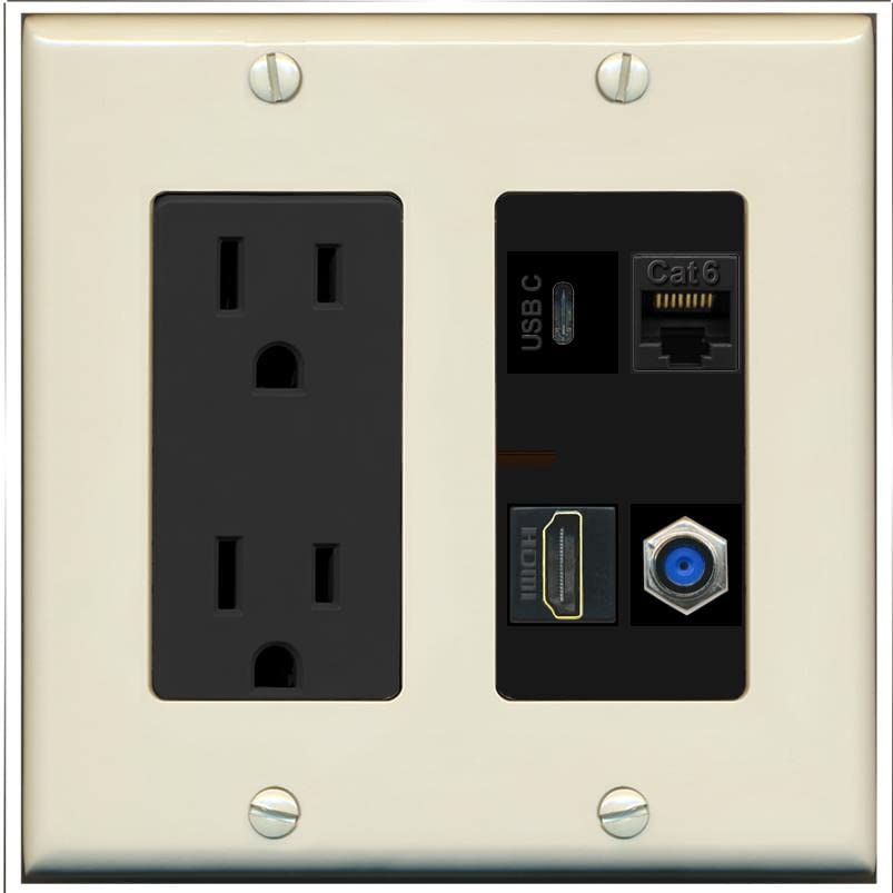 RiteAV USBC HDMI Cat6 Coax F81 Wall Plate - Outlet [Light-Almond/Black]