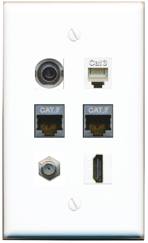 RiteAV 3.5mm 2 CAT7 Coax HDMI Phone Flat/Solid Wall Plate [White]