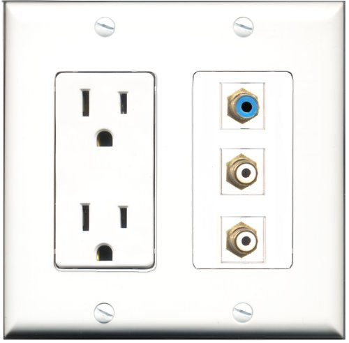 RiteAV - 15 Amp Power Outlet 2 Port RCA White 1 Port RCA Blue Decorative Wall Plate