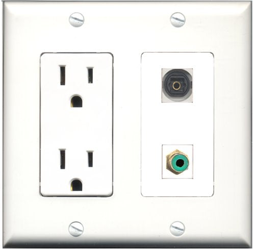 RiteAV - 15 Amp Power Outlet and 1 Port RCA Green and 1 Port Toslink Decorative Type Wall Plate White